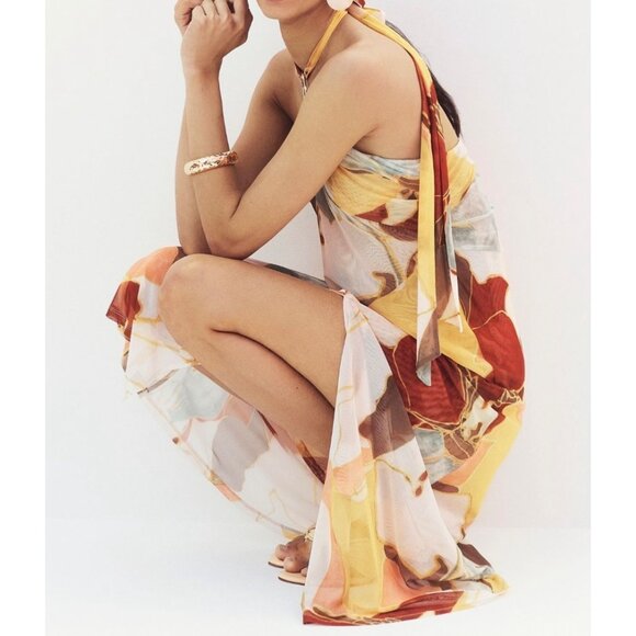 Anthropologie Sarah Hann Blythe Halter Mesh Midi Dress Size M Yellow Pattern - Picture 4 of 10